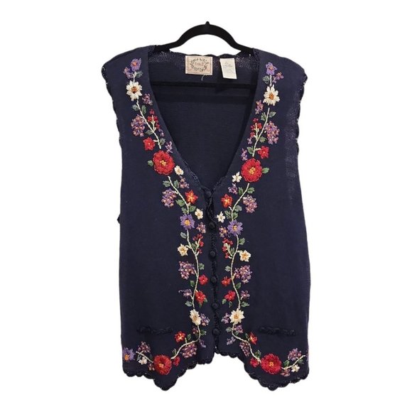 Erika Sweaters - Vintage Erika Navy Blue Hand Knit Floral Sweater Vest Size 3X